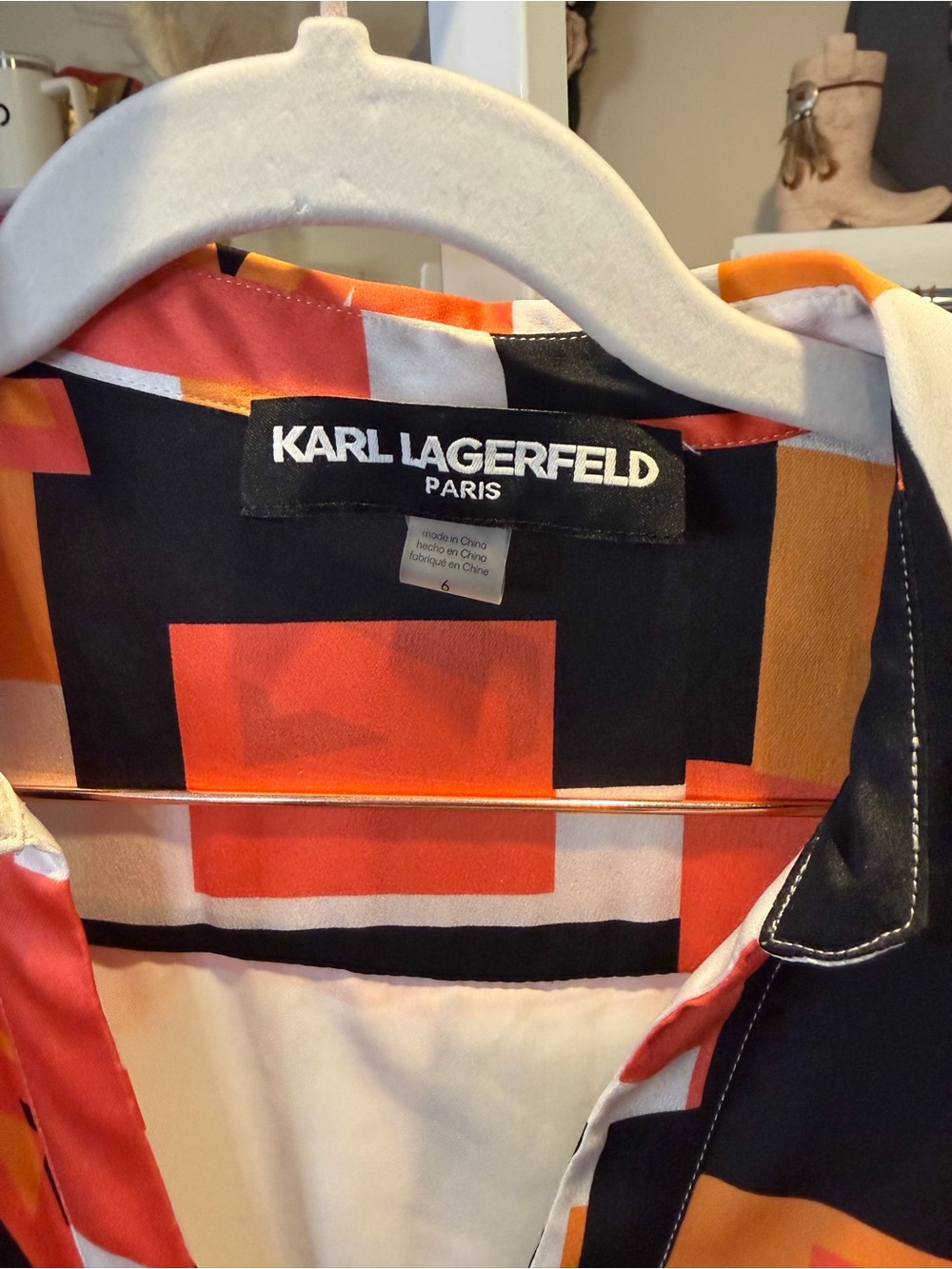 NWT Karl Lagerfeld Paris Geometric Print Long-Sleeve Satin Dress - Picture 7 of 8